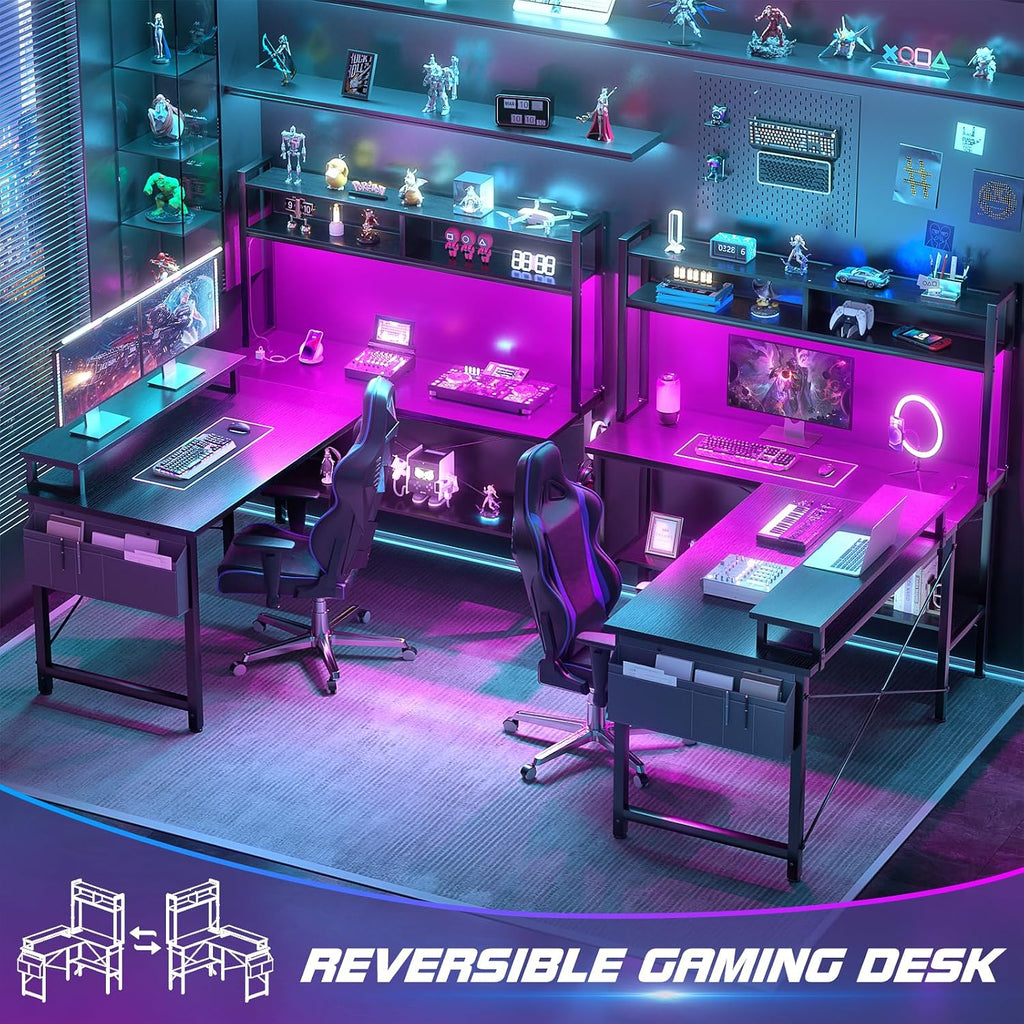 L Shaped Gaming Desk with Power Outlets & LED Lights, Black | Small L- Shaped Desk Computer Corner Desk with Monitor