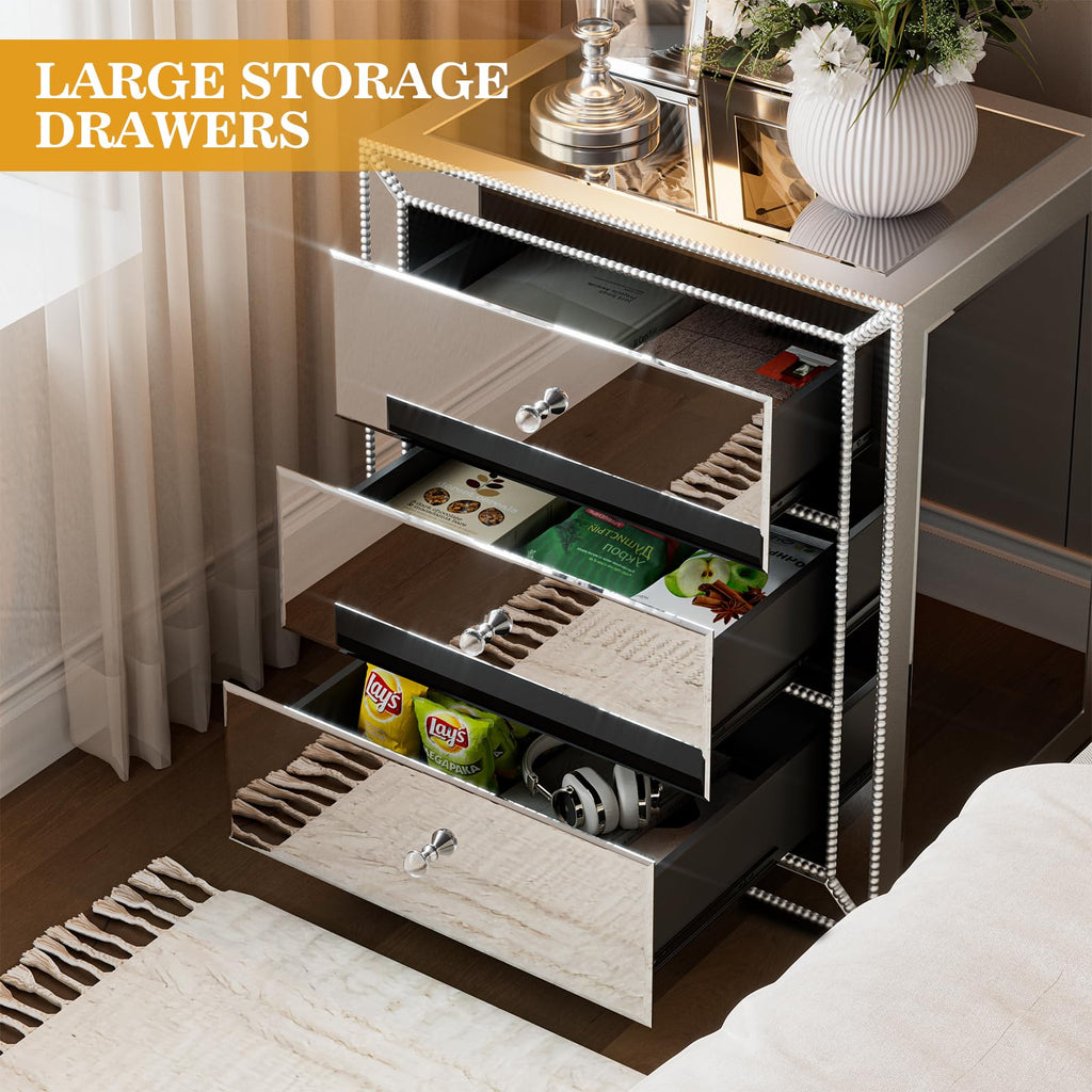 Mirrored Nightstand Bedside Table with 3 Drawers, Silver Modern End Table with Crystal Handle, Mirrored Side Table