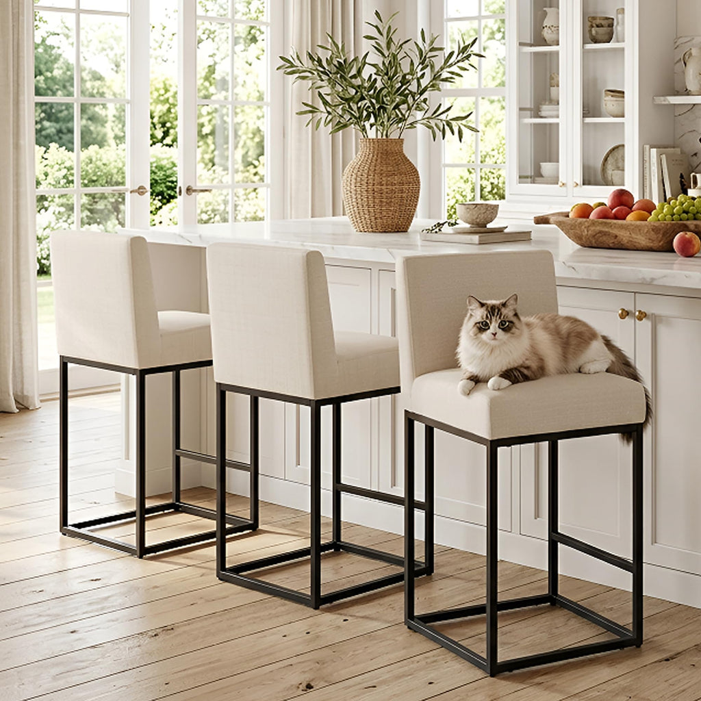 Linen 27 inches Counter Height Bar Stools with Padded Back, Modern Upholstered Counter Stool Chairs with Black Metal