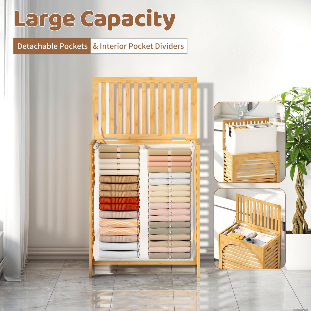 Laundry Hamper with Lid, Bamboo with Handles and Removable Liner Bag, 125L Laundry Basket & Laundry Room (Natural)