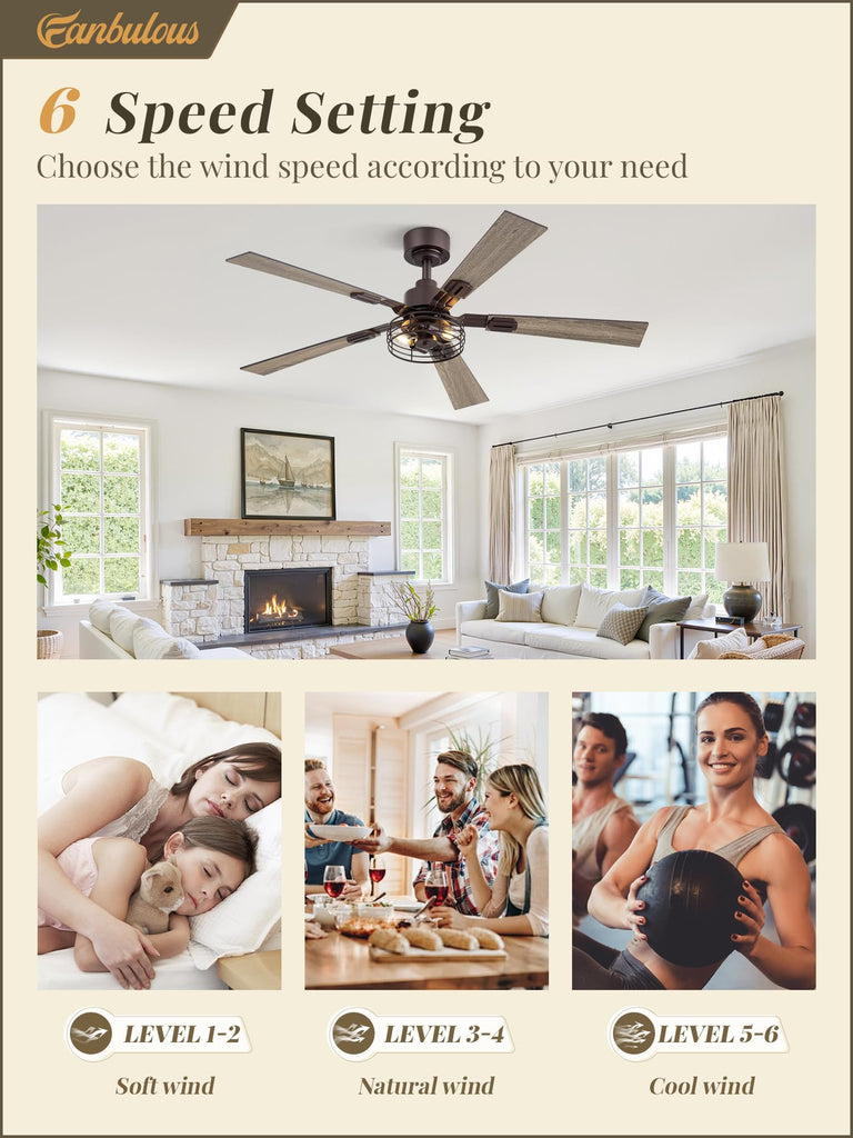 48 Inch Farmhouse Rustic Ceiling Fan with Light & Remote, 2 Pack