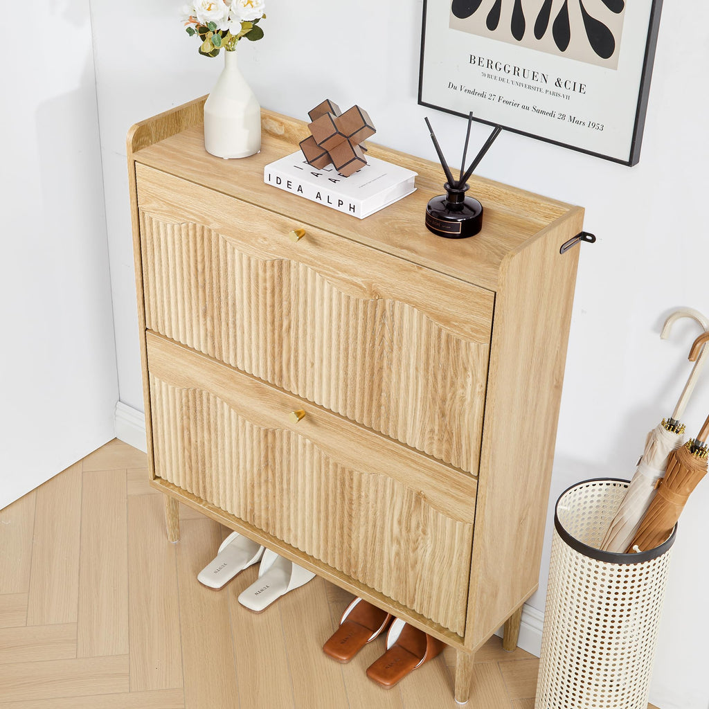 Oak 31.5" Fluted Shoe Storage Cabinet with 2 Flip Drawer