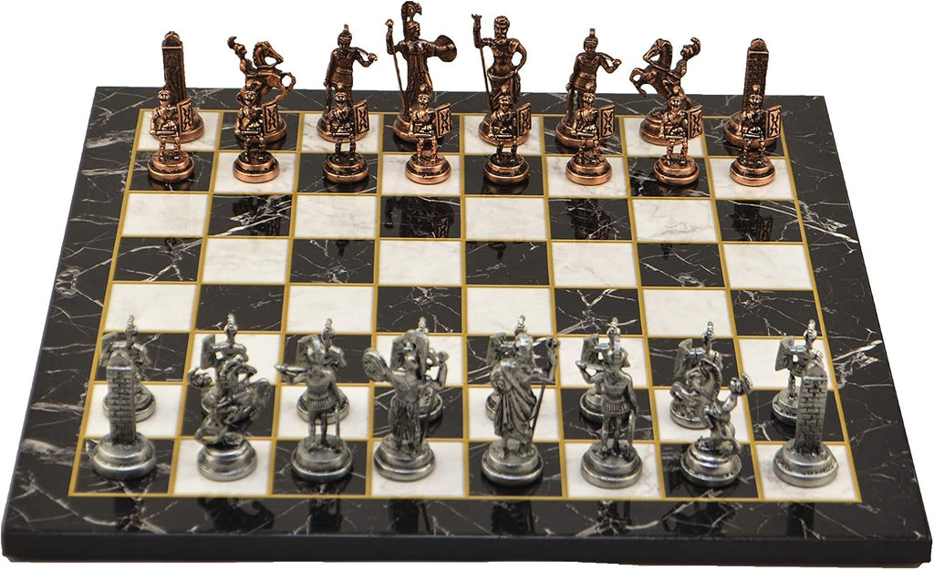 Metal Chess Set for Adults Greek Zeus Antique Copper Figures,Handmade Pieces and Marble Design Wooden Chess Board