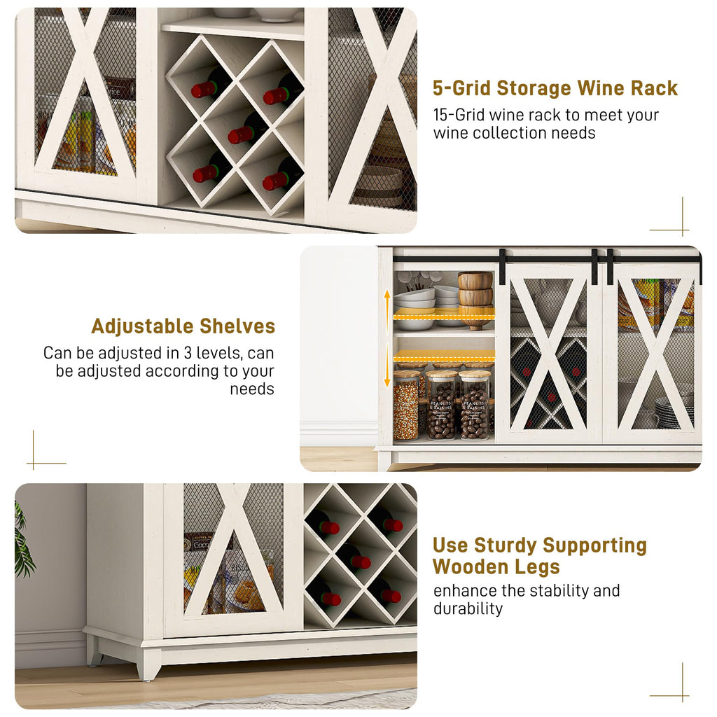 47" Wide 56" H Farmhouse Coffee Bar Cabinet with Power Outlet and LED Light, Wine Bar Cabinet w/3 Storage Hutch(White)