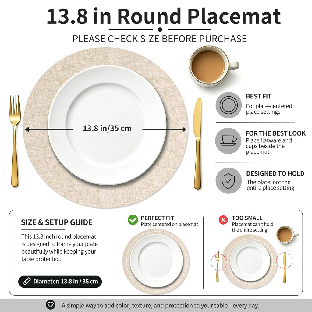 Faux Leather Round Placemats Set of 6, 13.8 inch, Beige