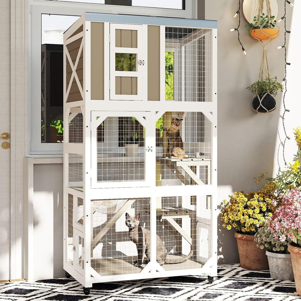 64" H Large Wooden Catio Outdoor Cat Enclosure with Wheels