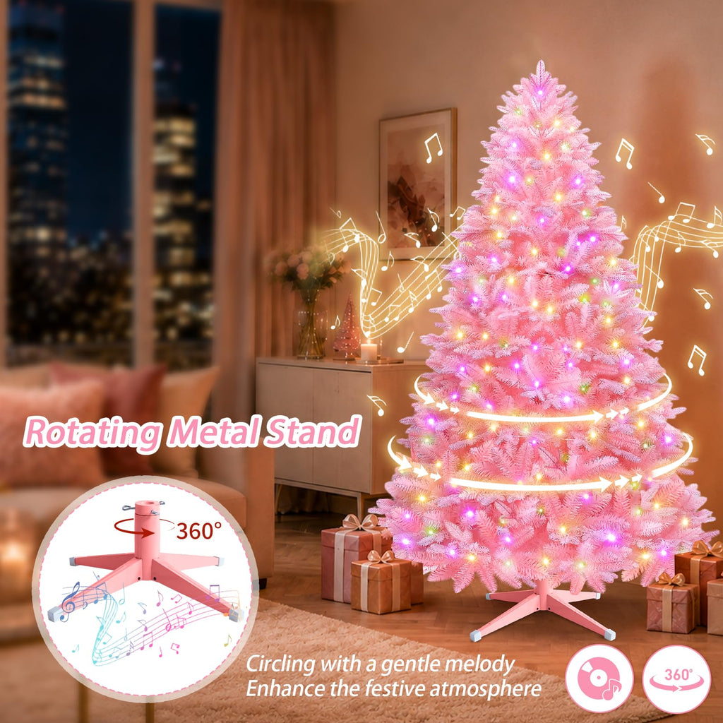 7FT Pink Rotating Pre-Lit Christmas Tree with Remote Control