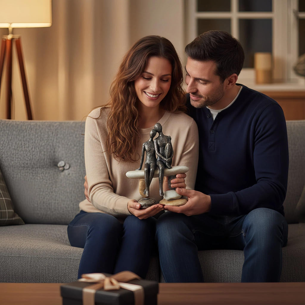 Romantic Couple Figurines Sculpture - Abstract Couple Sculpture on Stone Bench, Modern Home Decor Statue, Unique for