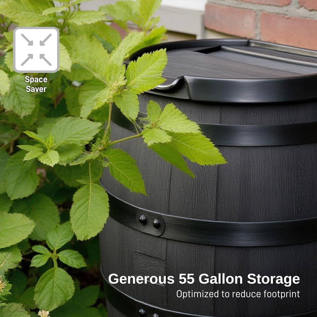 Premium 55-Gallon Eco Rain Barrel with Removable Lid, Flat Back Rain Water Collection Barrel, Made with 100% Recycled