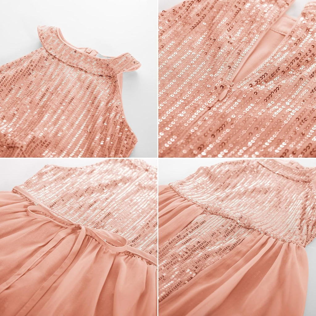 Girls Halter Neck Sequin Dress Kids Fancy Formal Party Christmas Sparkly Pageant Birthday Dresses