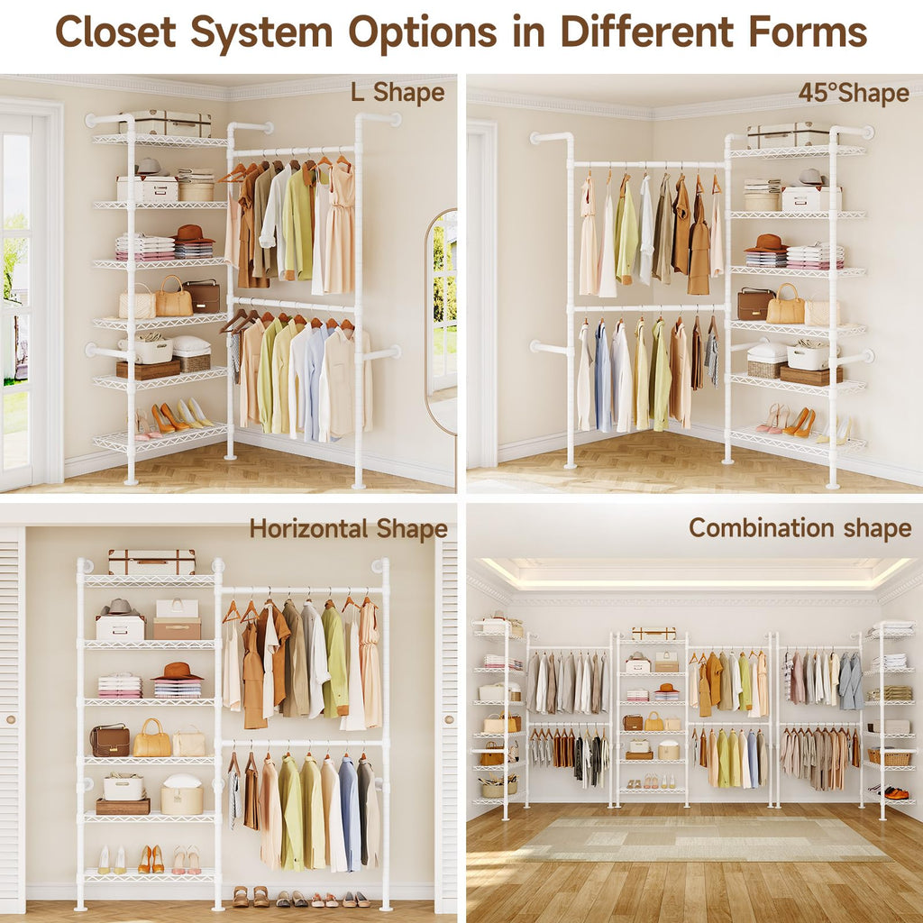 L2 Wall Mounted Closet System, Industrial Pipe Clothing Rack, White