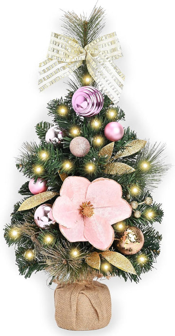 24" Pink Small Christmas Tree Mini Tabletop with Lights