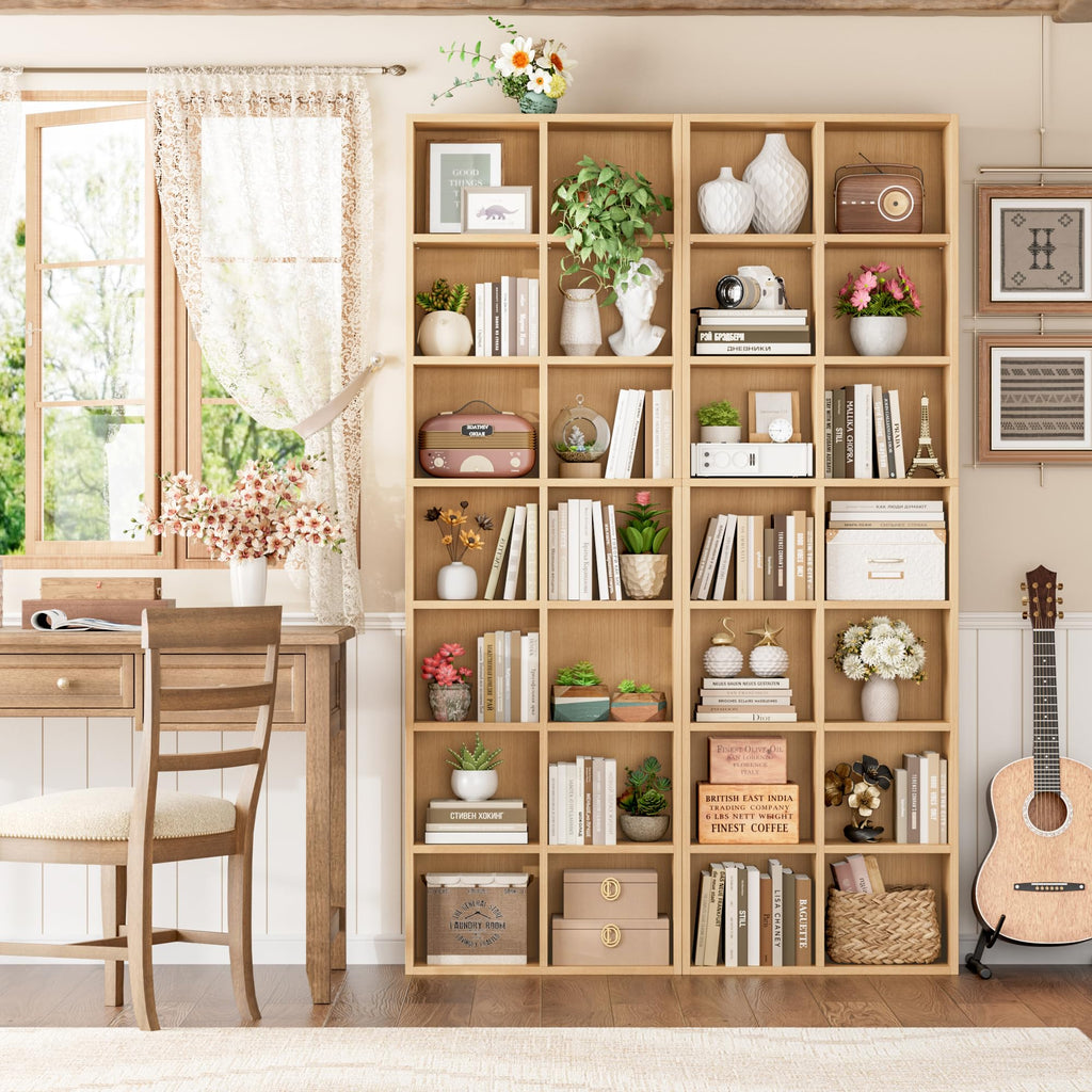 Wood Bookshelf 7-Tier Narrow Bookshelf Tall CD Media Tower Rack