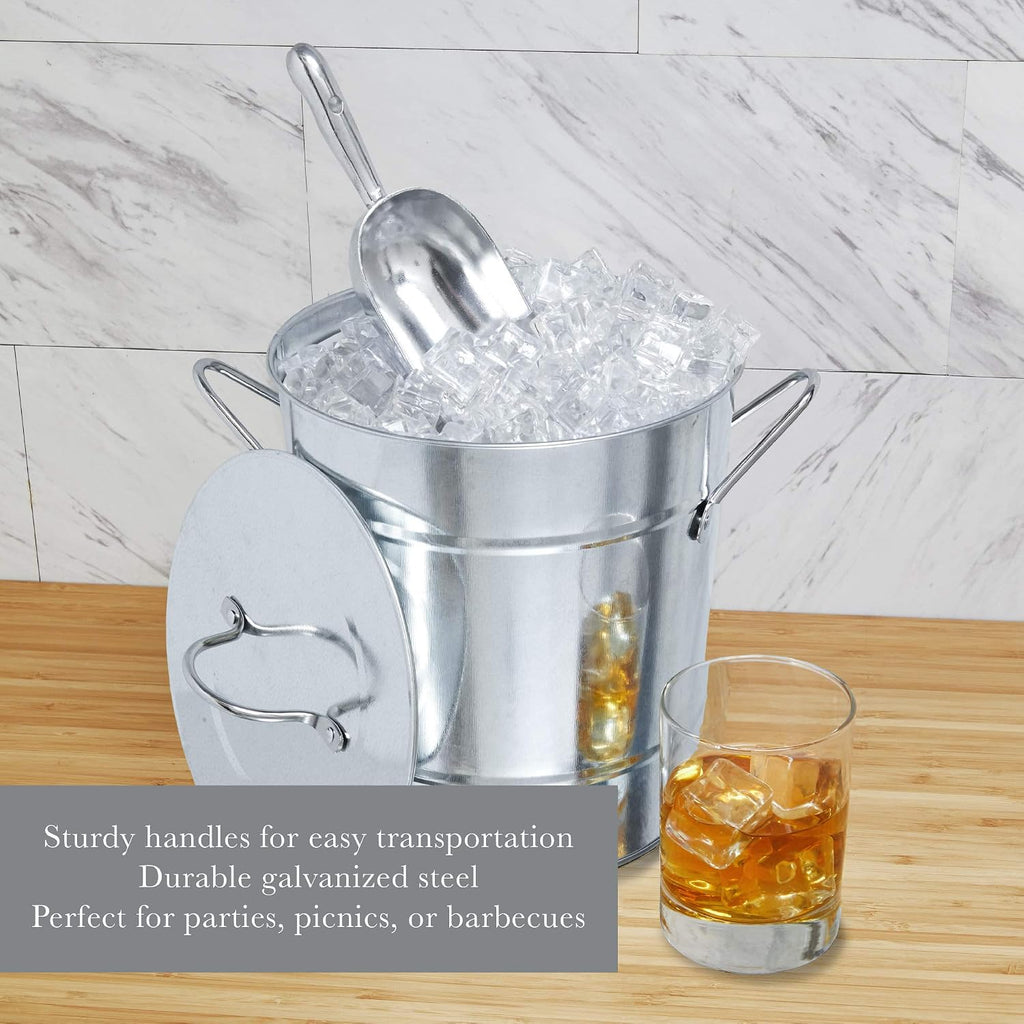 Insulated Ice Bucket with Lid, Scoop & Handles for Beer, Wine, Champagne, Beverages, 1 Gal Galvanized Metal Bucket
