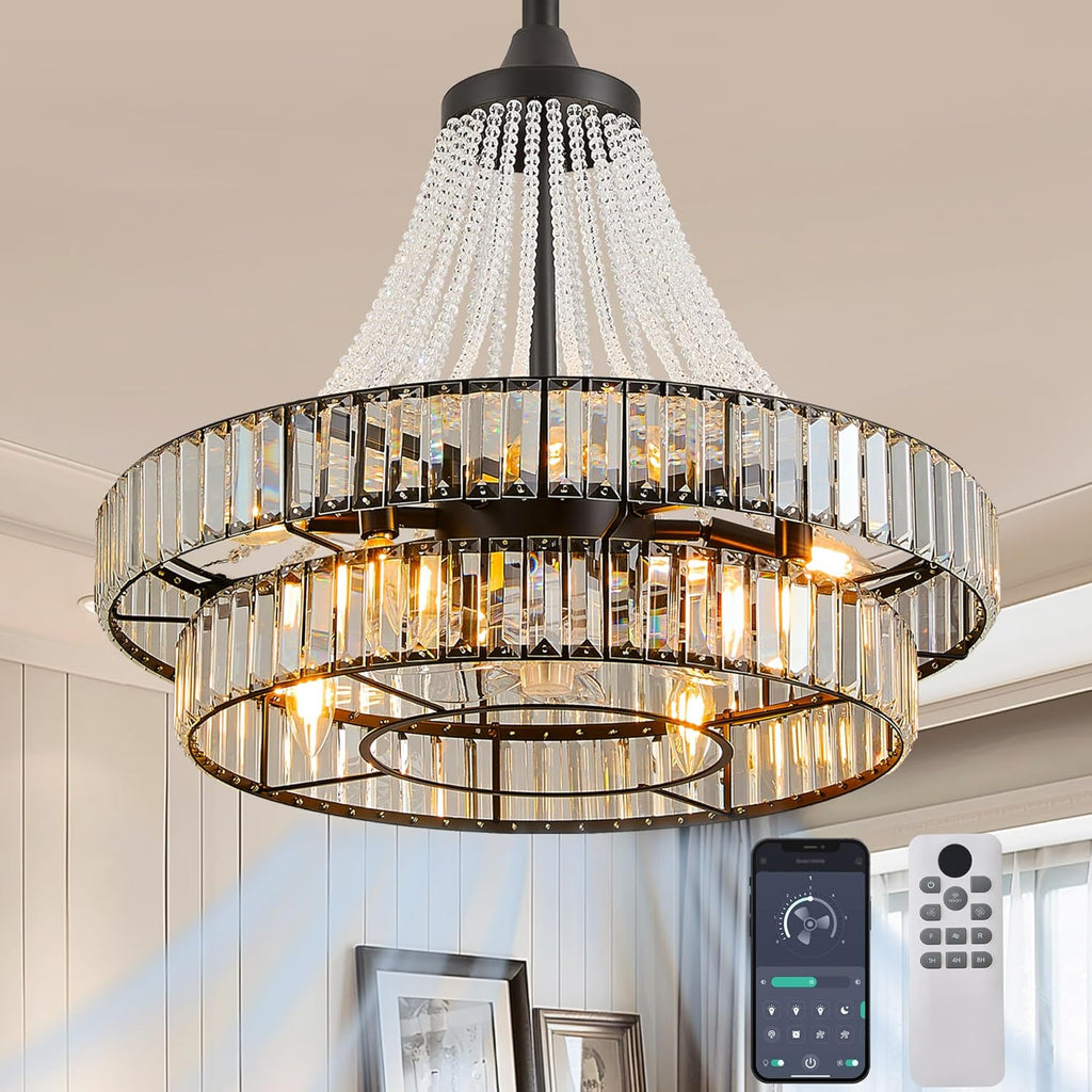 24" Modern Crystal Caged Fandelier, Smart Chandelier Fan with Remote and APP Control