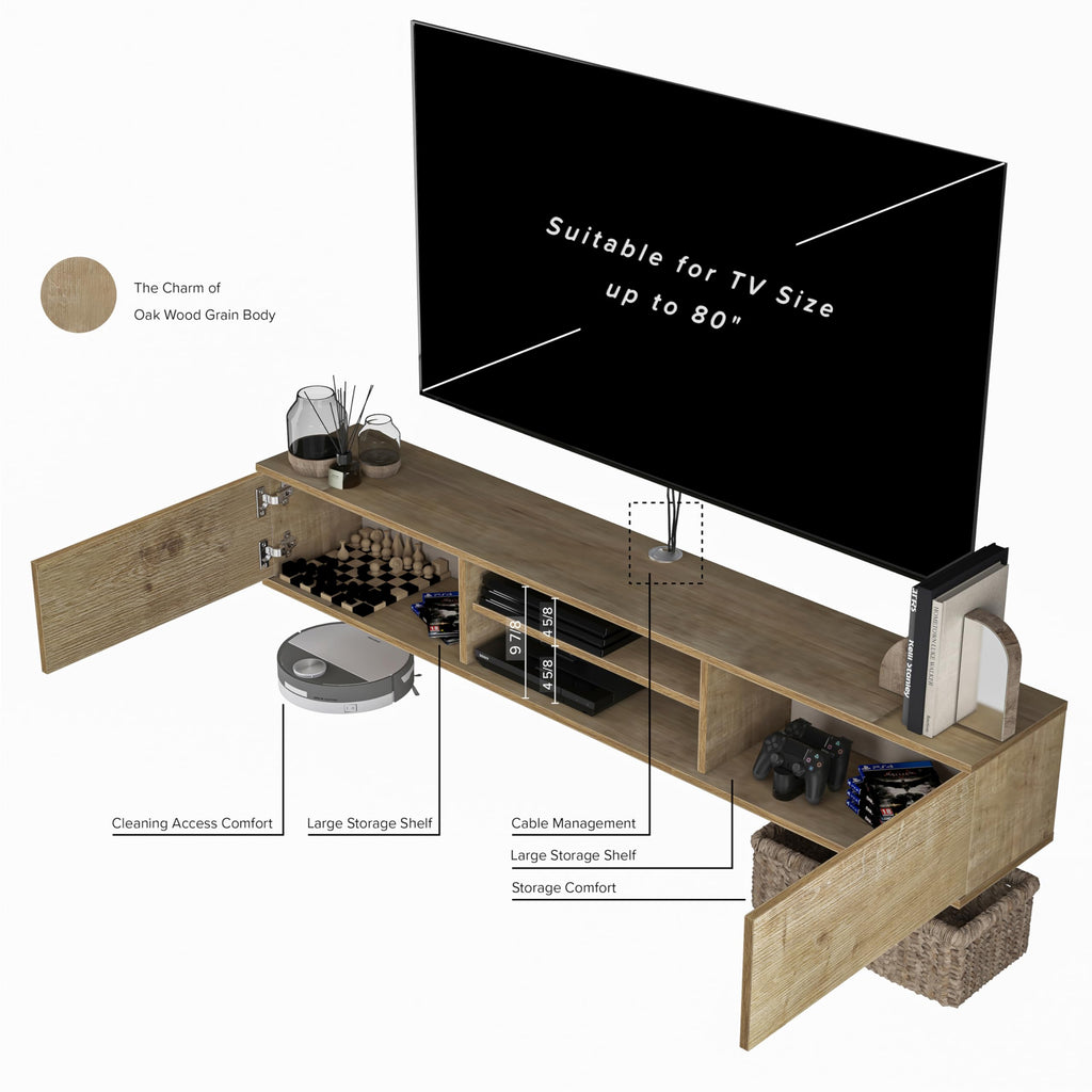 Mobili Floating TV Stand 70 Inch, Wall Mounted Entertainment Center, Modern Stand, Oak TV Stand for 75 Inch TV