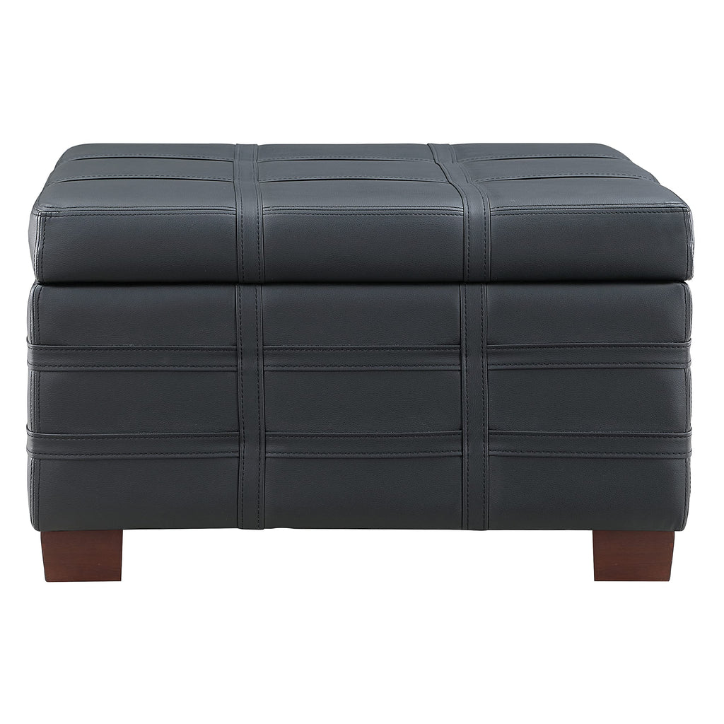 OSP Home Furnishings Detour Strap Square Storage Ottoman with Sliding Tray and Hinged Lid, Black Faux Leather