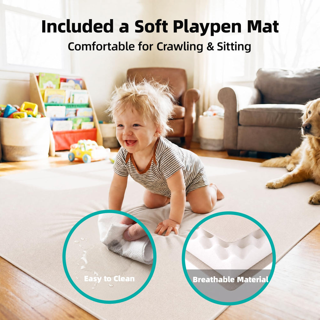 Foldable Baby Playpen with Mat, 71x59 Inches, Light Khaki