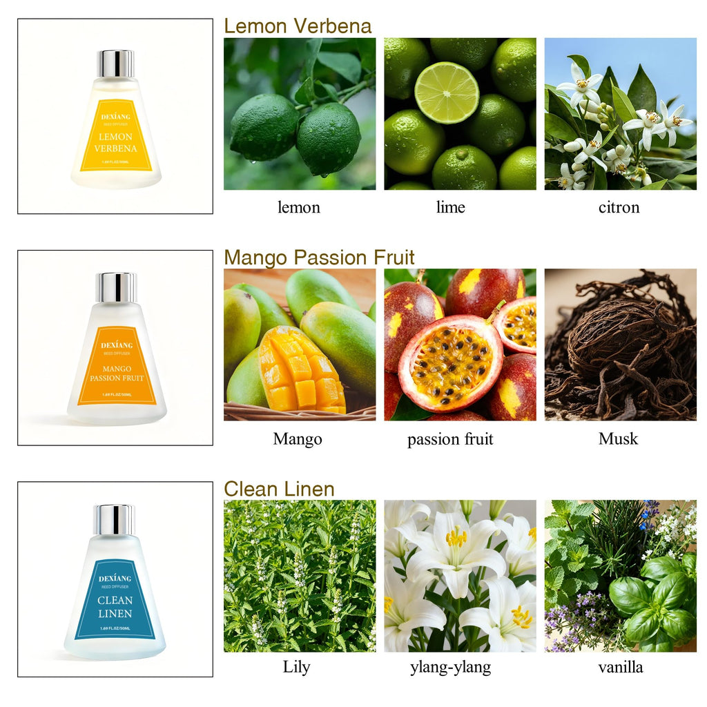 Reed Diffuser Set of 3 Pack, Lemon Verbena/Mango Passion Fruit/Clean Linen Oil Diffuser Reed Diffusers for Decor, 1.7