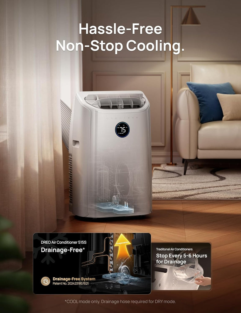 Portable Air Conditioner 515S, 12000 BTU ASHRAE (8000 BTU DOE) Smart AC Unitwith Drainage-free Cooling