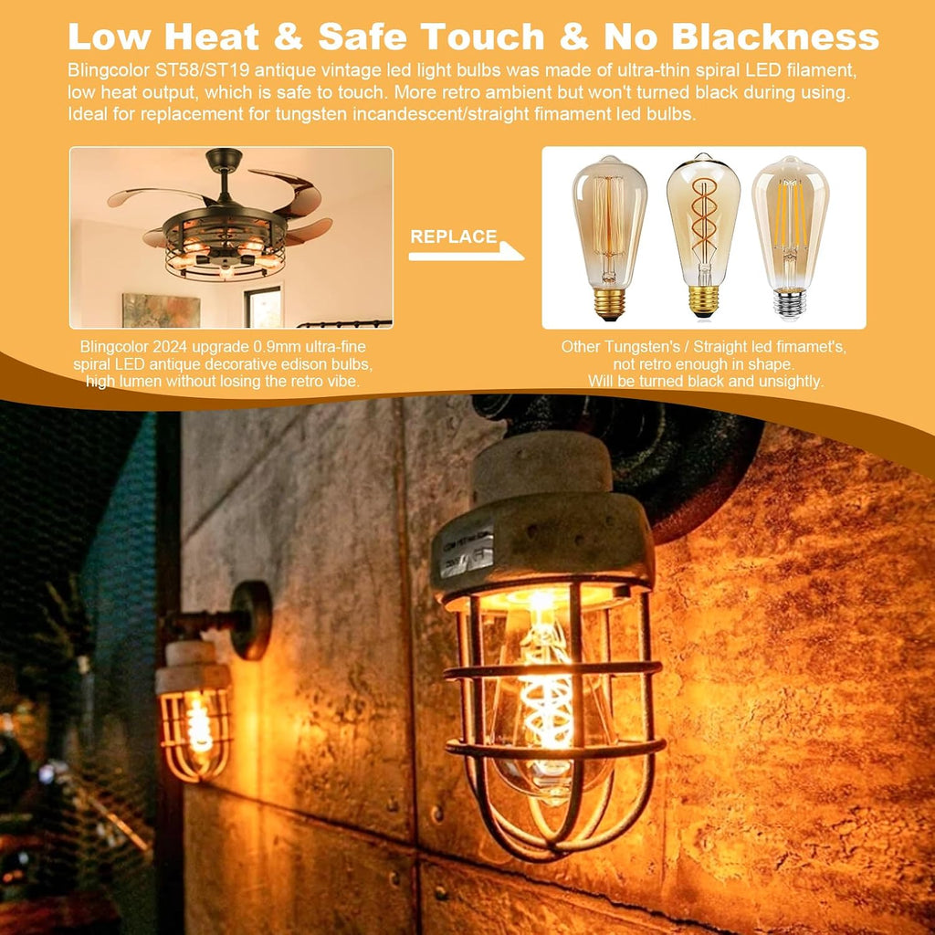 E26 LED Vintage Edison Light Bulbs 40 Watt, 4 Pack ST58 Pendant Light Bulbs