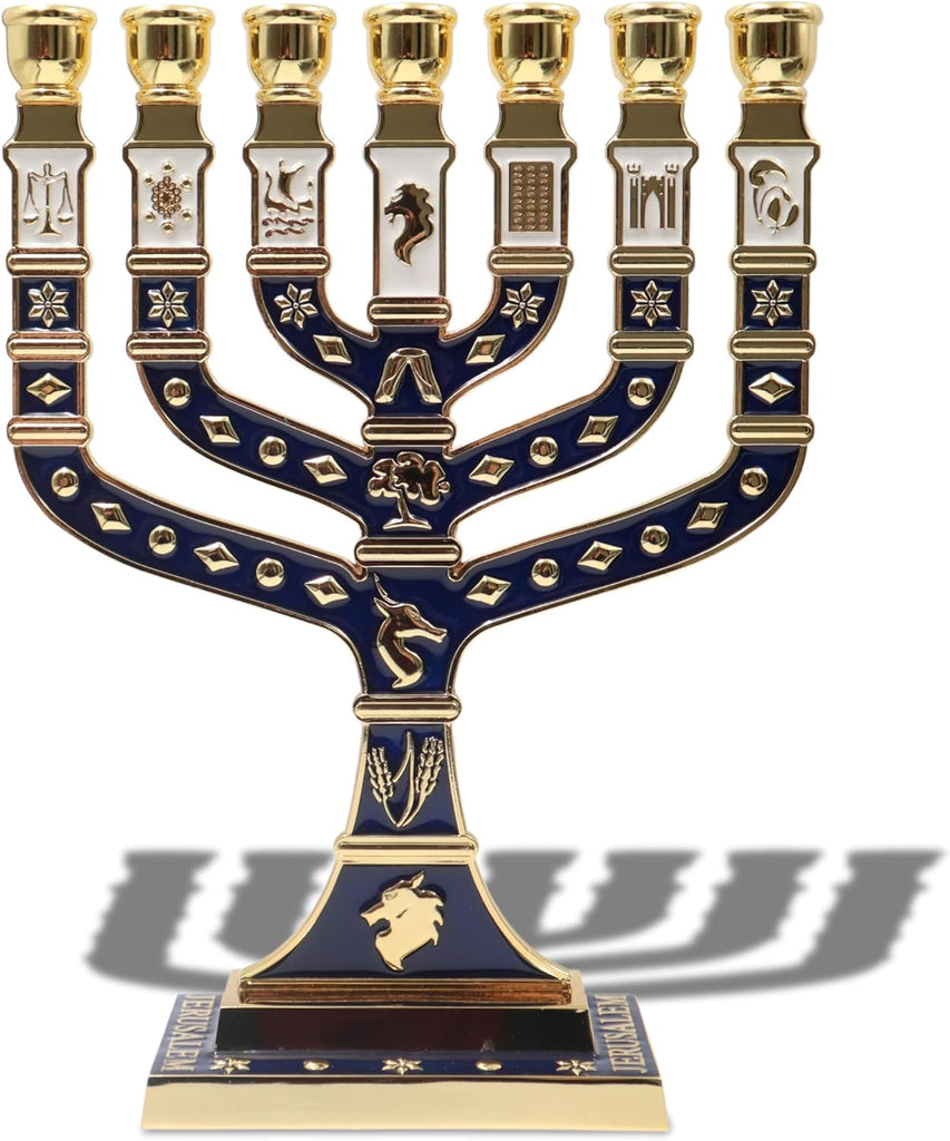 Jerusalem Blue Enamel 7 Branch 10.8" high, with 12 Tribes of Israel, Candlestick Candle Holders (10.8 inch) - Set of 11
