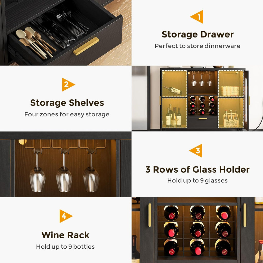 Bar Cabinet with Power Outlets, Modern Coffee Bar Sideboard with LED Light, Farmhouse Liquor Cabinet with Wine Rack