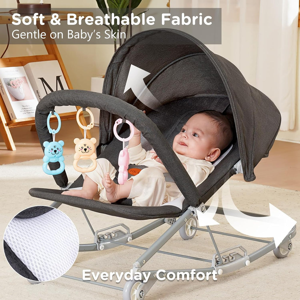Rocking Baby Bouncer with Canopy, Mode Rocking & Rolling Infant Seat, Portable Baby Chair for 0-18 Months(Grey)