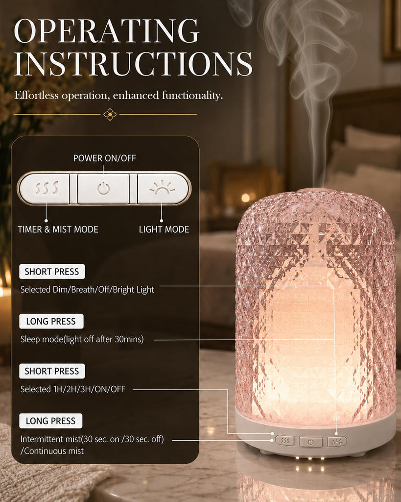Pink Glass Essential Oil Diffuser with Pulse/Continuous Mist