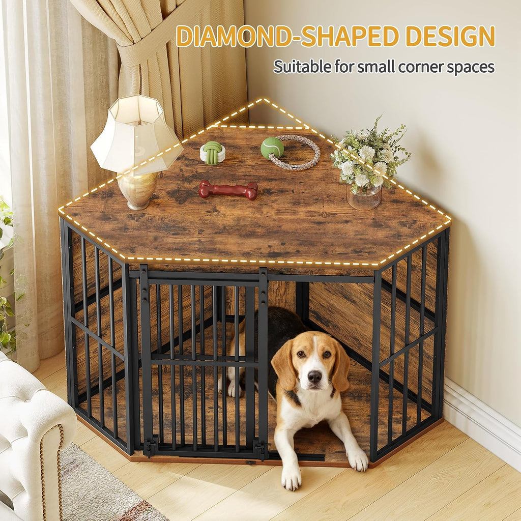 Corner Dog Crate Furniture Wooden Dog Kennel Indoor with Barn Door