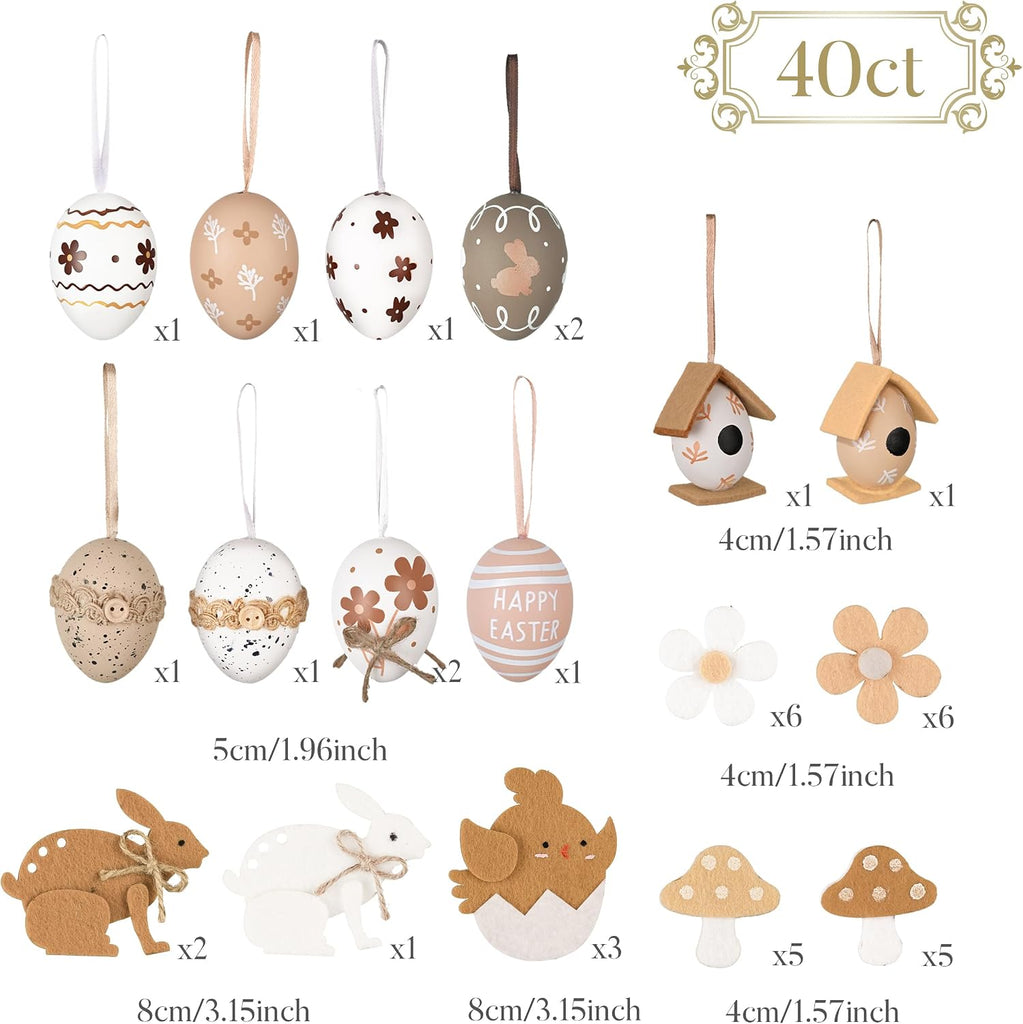Easter Eggs Tree Ornaments, Nature Beige White Plastic Easter Egg Bulk Tree Decoration, Shatterproof Decorative - Set of 40