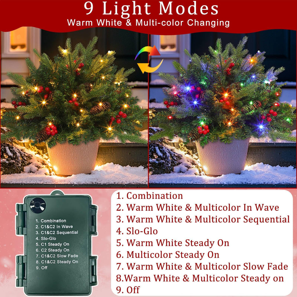 Timer 2 Pack Outdoor Christmas Tree Urn Filler 24 Inch Artificial Xmas Tree withPinecones Red Berries Tripod Stake