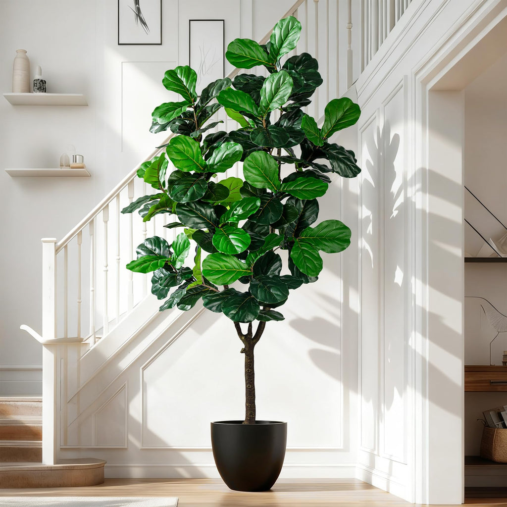 Artificial Fiddle Leaf Fig Tree 7ft with White Planter Realistic Fiddle Leaf Lyrata Plant Tall Fake Tree with