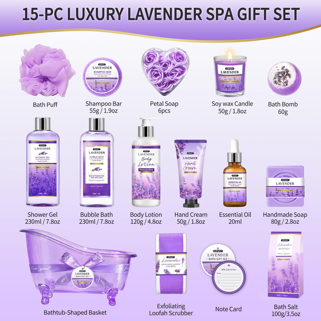 Gift for Women, Spa Gift Baskets for Women, 15Pcs Lavender Bath and Body Set