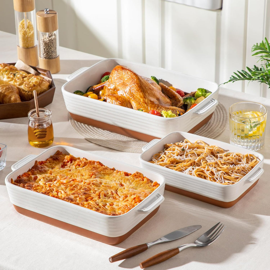 Casserole Dishes for Oven, Ceramic Dishes Set of 3, Pan Casserole Dish Set, Rectangular Lasagna Pan Deep with Handles
