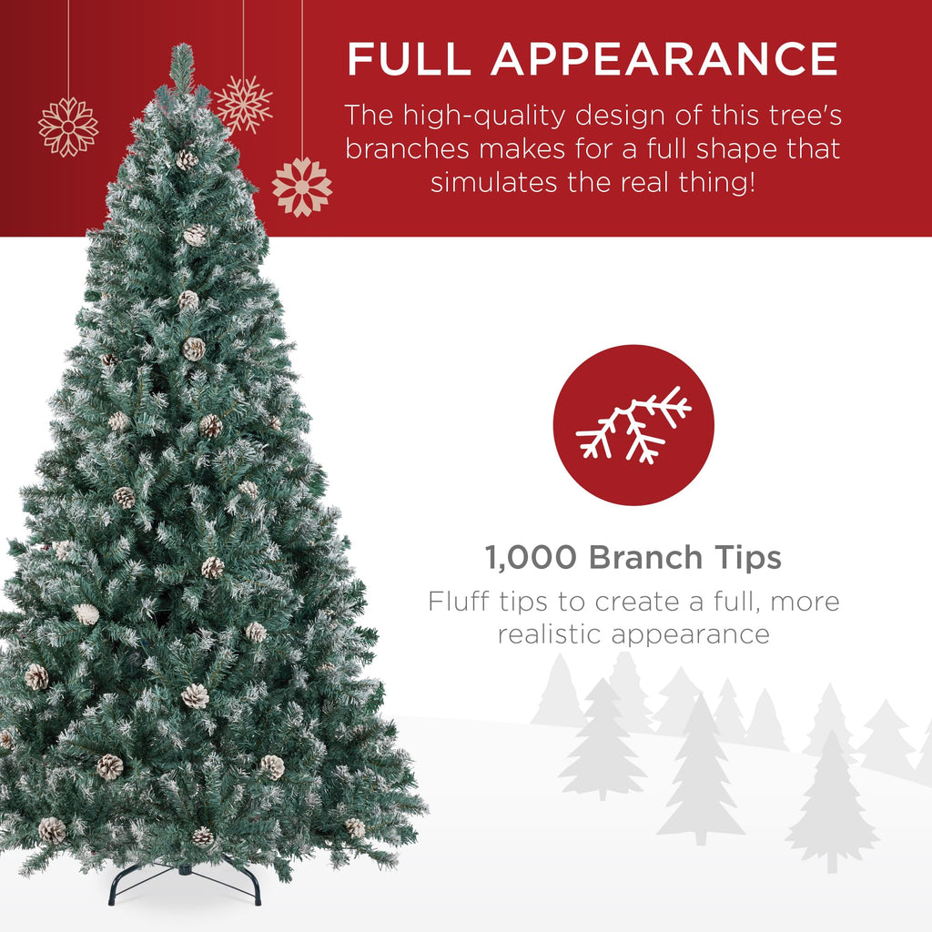 6ft Pre-Decorated Holiday Christmas Tree, Party w/1, 000 Tips, Partially Flocked, Pinecones, Base - Blue Spruce