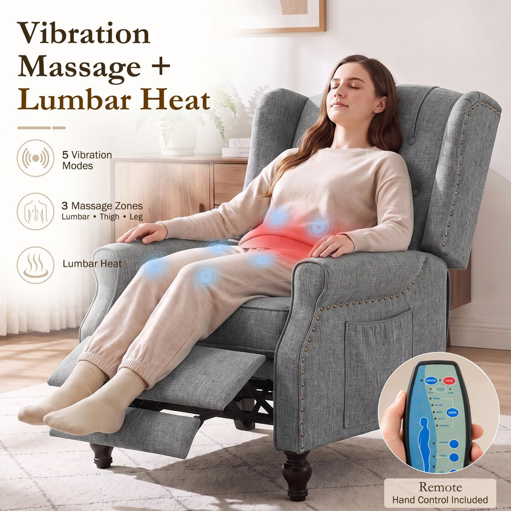 Wingback Recliner, Massage & Heat, Manual Push-Back, Light Gray