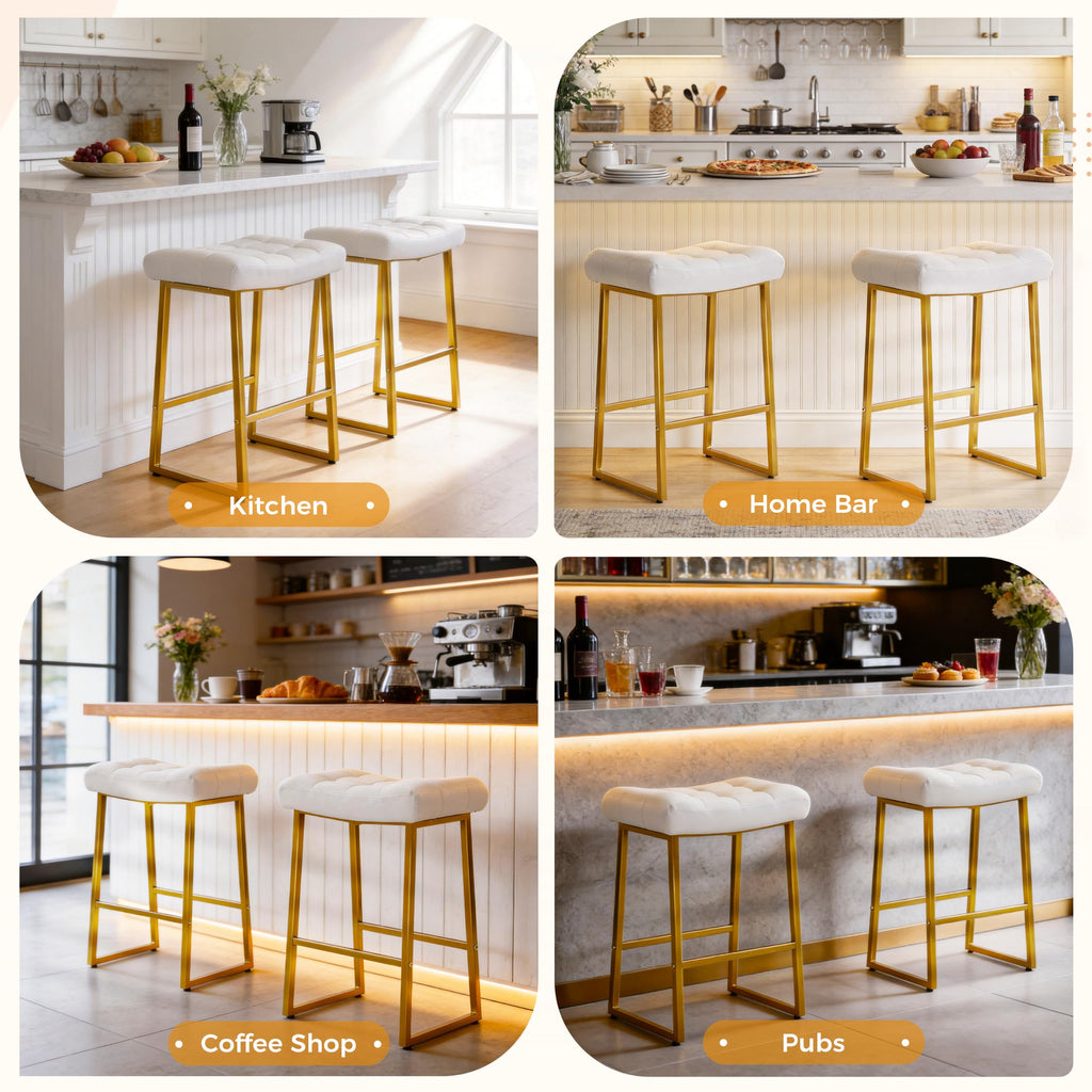 White & Gold Counter Height Bar Stools Set of 3 Counter Backless Kitchen Island Barstools with Upholstered Faux