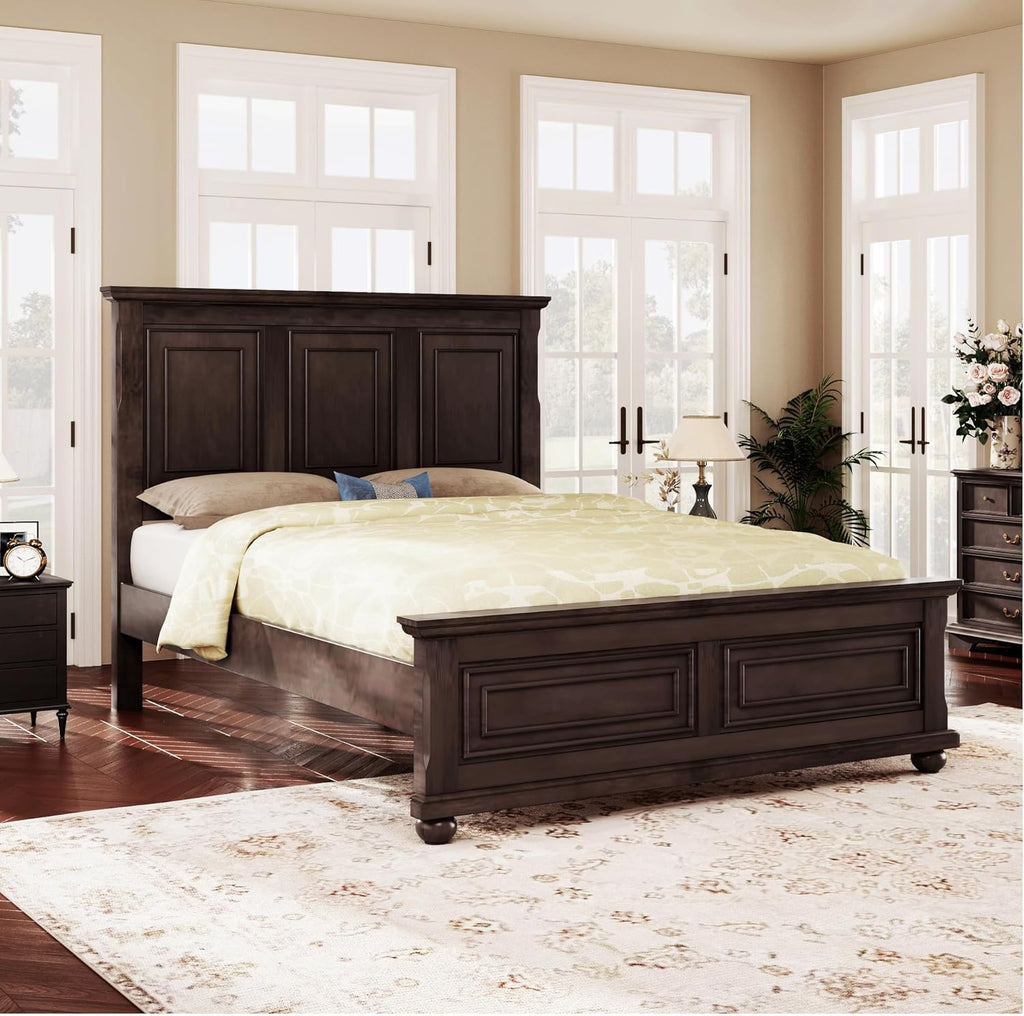 Mid Century Wood Platform Bed Frame, Queen Bed Frame with Headboard, Footboard & Wooden Slats Support, No Box Spring