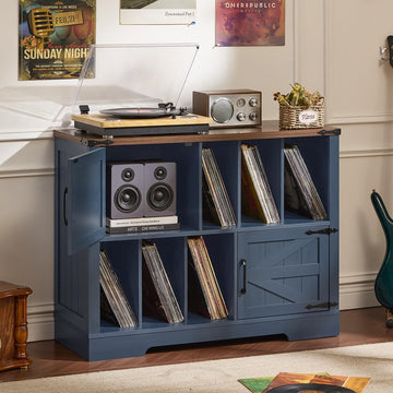 Large Record Player Stand with Vinyl Storage Up to 450 Albums, 39 Inch Farmhouse Wood Navy Blue Vinyl Records Storage