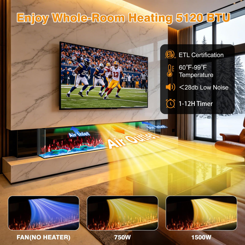 3-Sided Smart 80" 3D Mirrored Electric Fireplace Build in Heater