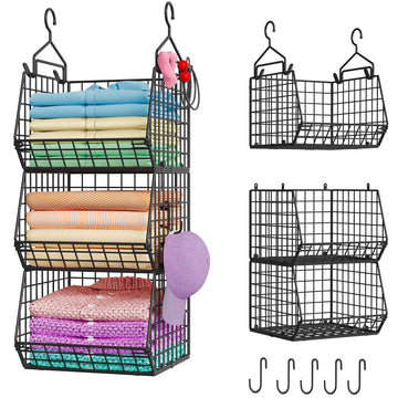 3-Tier Hanging Closet Organizer, Laundry Room Organization | Space Saving Shelves with 1.65" Hook & 5 S-Hooks |