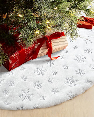 72 Inches Faux Fur Christmas Tree Skirt, Silver Sequin Snowflake