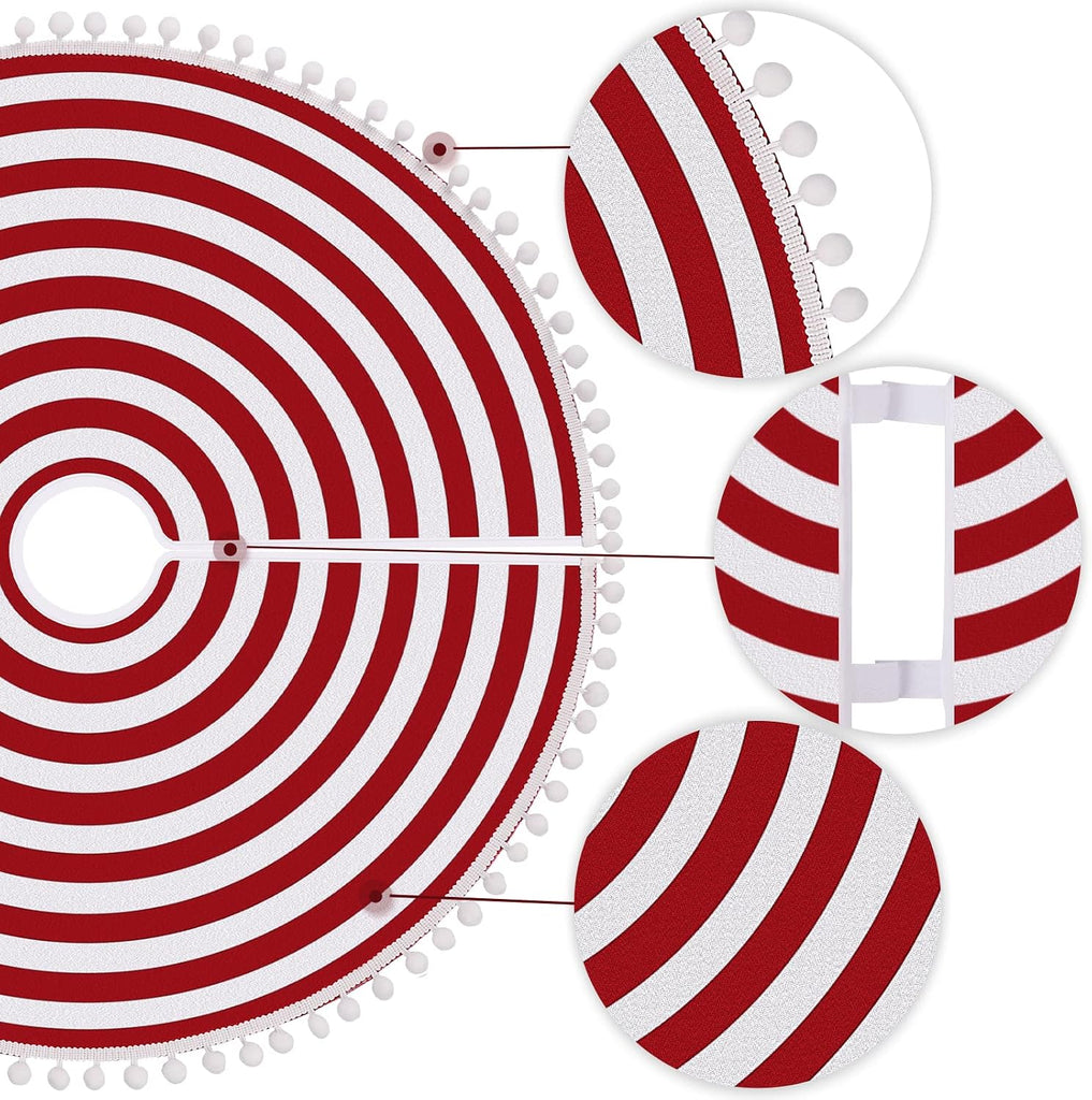 Christmas Tree Skirt, 30'' Red White Rings Stripes with Pom Pom Trim