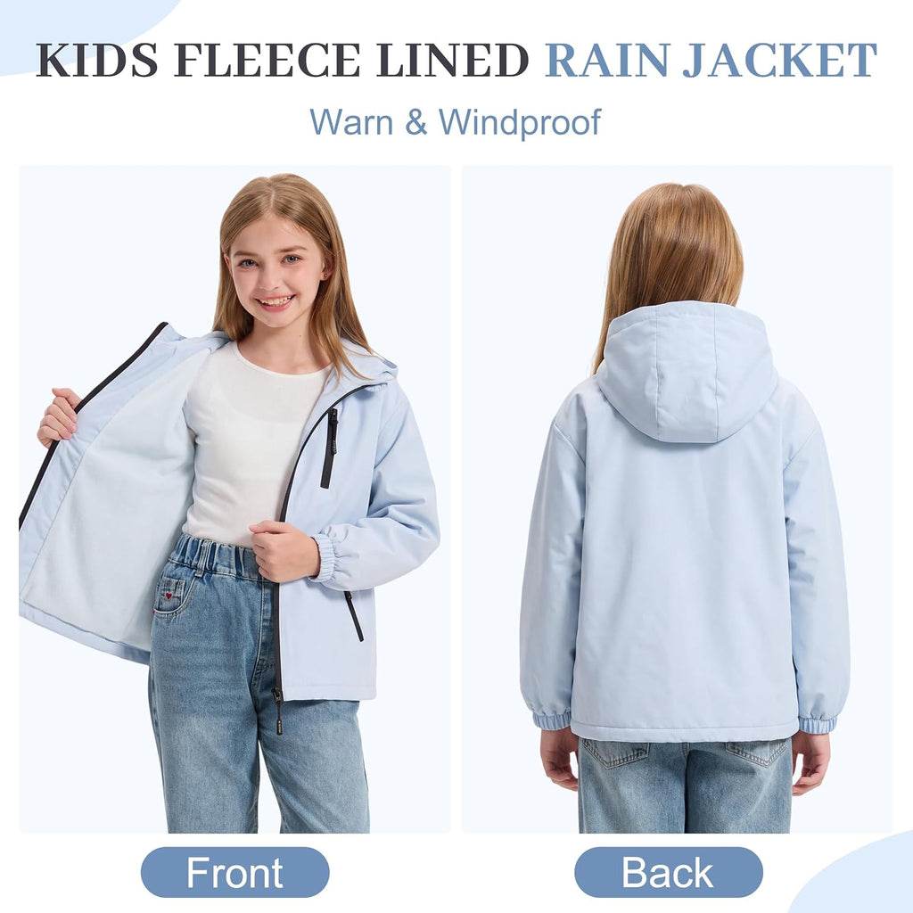 Girls Rain Jacket Fleece Lined Kids Raincoat Waterproof Hooded