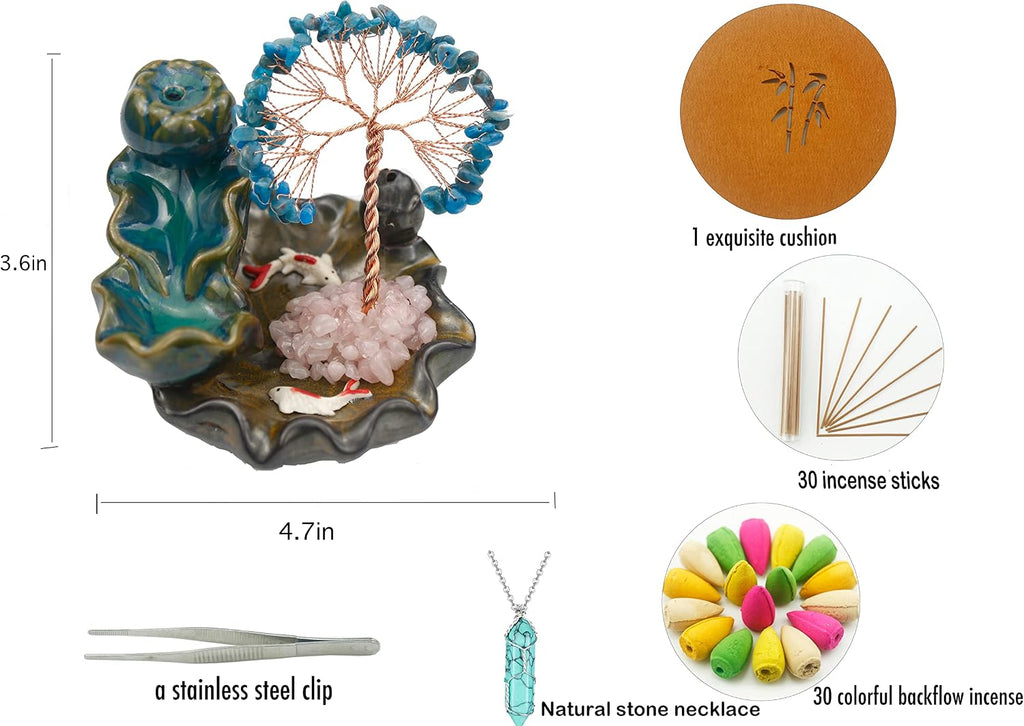 Waterfall Burner, Crystal Tree Backflow Incense Holder, with 30 Incense Cones, 30 Incense Stick, 1 Healing Crystal
