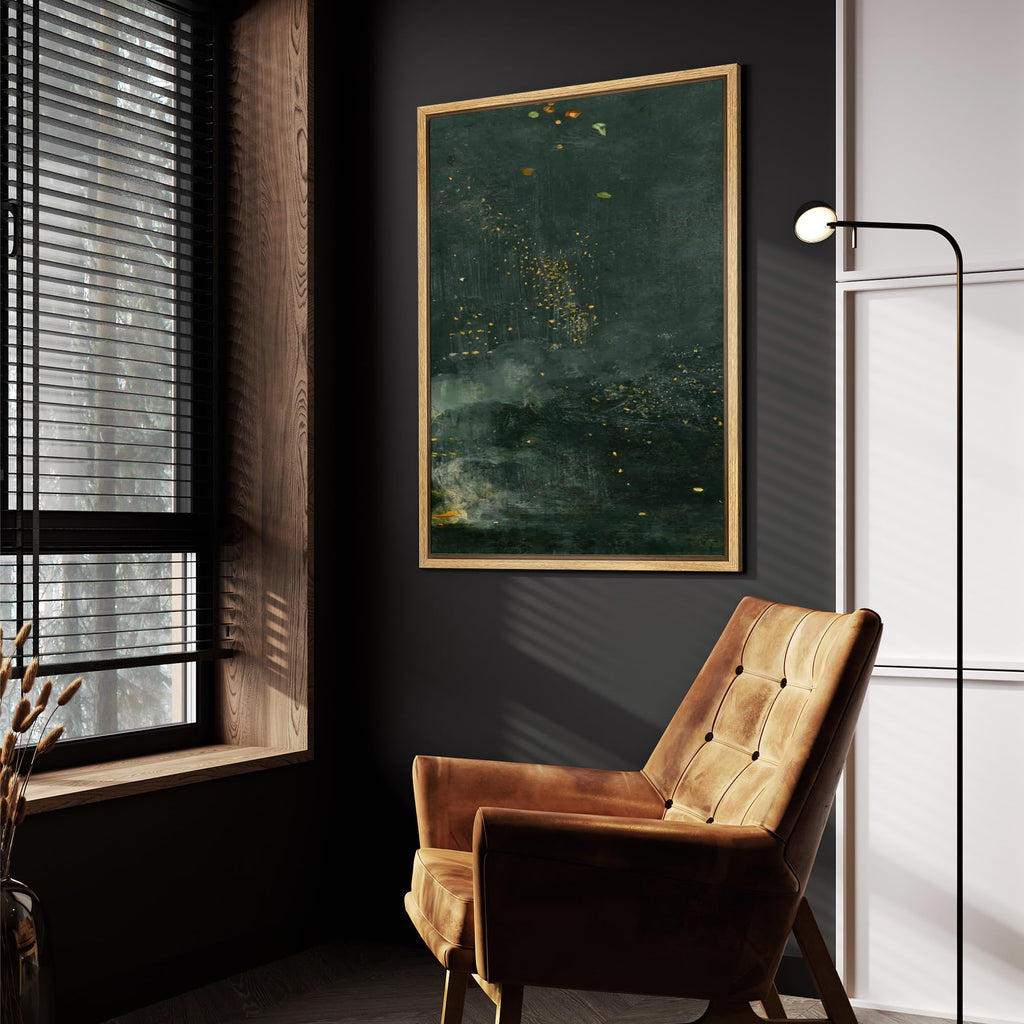 Framed Canvas Print Wall Art Starry Night Flora Abstract Plant with Gold Accents Dark Green Botanical Illustrations