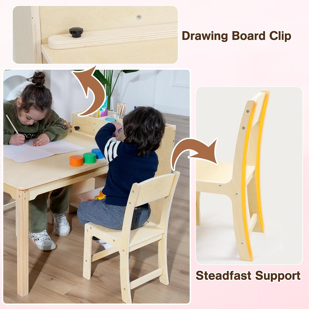 Kids Art Table and Chair Set, Birch Wooden Activity Craft Table, Kids Drawing Table, Toddler Desk with Storage and 1