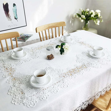Lace Tablecloth for Rectangle Dining Tables 52 x 70 Inches White Peonies Lace Vintage Party Wedding 