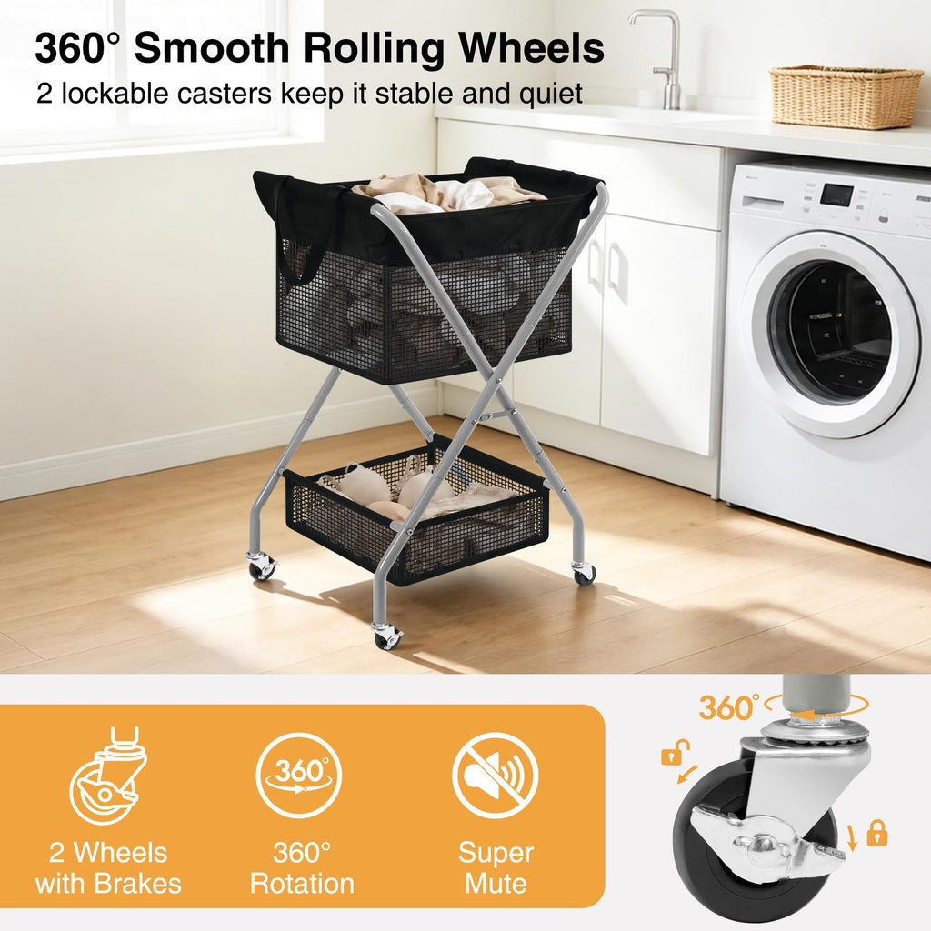 2-Tier Foldable Laundry Cart with Wheels, 75L Tall Rolling Laundry Hamper, Collapsible Laundry Basket with Removable